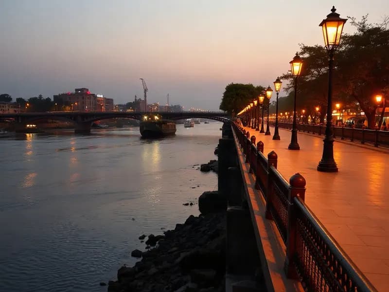 Illustrative riverside promenade at dusk, representing Ahmedabad