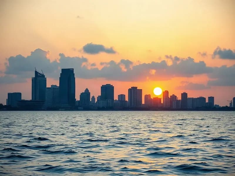 Illustrative city skyline at sunset across the water, representing Colombo