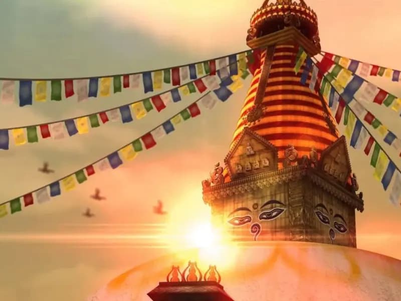 Prayer flags and a stupa glowing at sunrise in Kathmandu