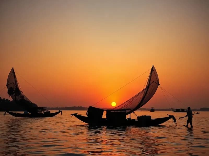 Illustrative sunset over Kerala backwaters with fishing nets