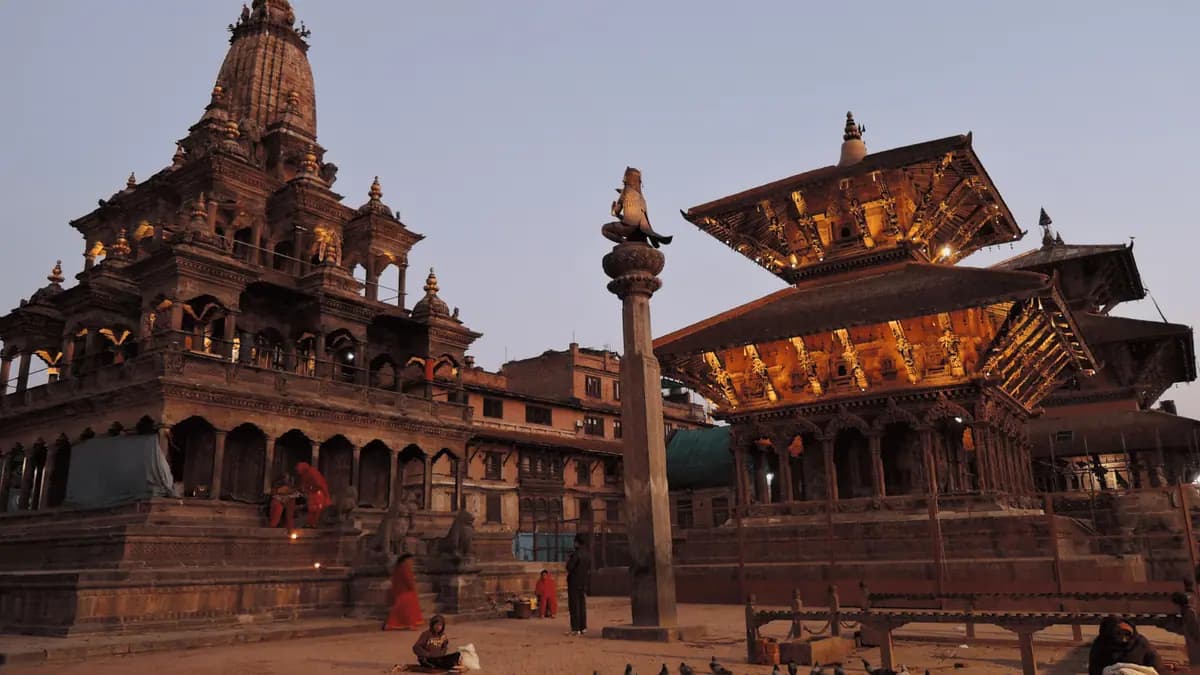 Historic temples in a Nepali durbar square at dusk