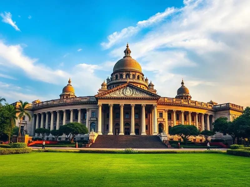 Illustrative view of a grand domed government building under a blue sky, representing Bengaluru