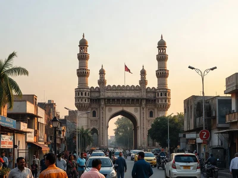Illustrative view of a historic minaret gateway above a busy street, representing Hyderabad