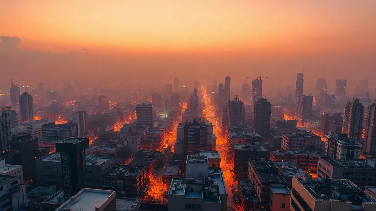 Illustrative aerial view of an Indian city skyline at dusk